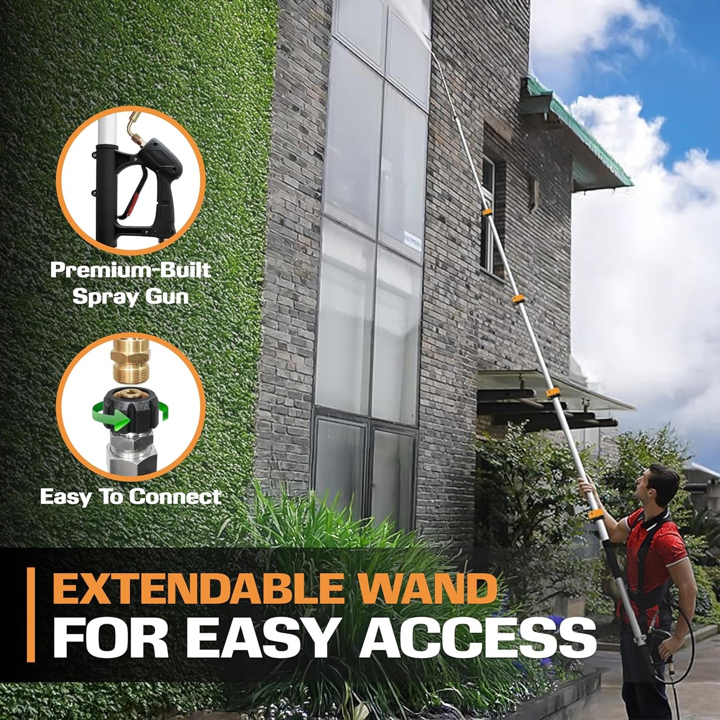 EDOU Direct Telescoping Pressure Washer Wand 19' | Heavy Duty | 4,000 PSI Max Working Pressure | Includes: 1/4" Quick Connection, 5 Spray Nozzle Tips, 2 Pivoting Couplers, 2 Adapters, Support Harness-VerdiqueGarden
