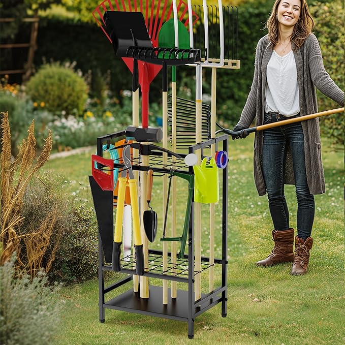 Garden Tool Organizer Rack for Garage, Yard Tool Tower Rack Organizer, Tools Stand Storage with Hooks Black Metal Garden Tools Holder for Yard Shed Garage Organization-VerdiqueGarden