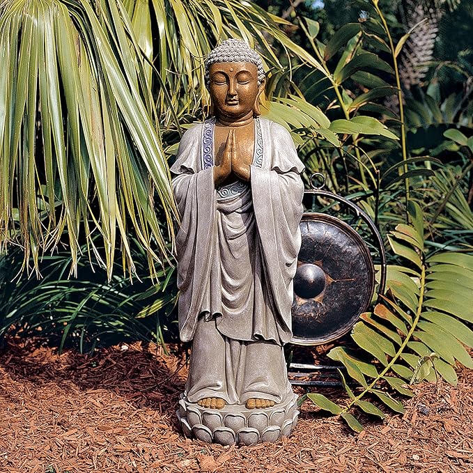 Design Toscano Bodh Gaya Asian Garden Statue, 9 inches wide, 30 inches tall, Cast Stone Resin, Faux Stone & Metallic Finish-VerdiqueGarden