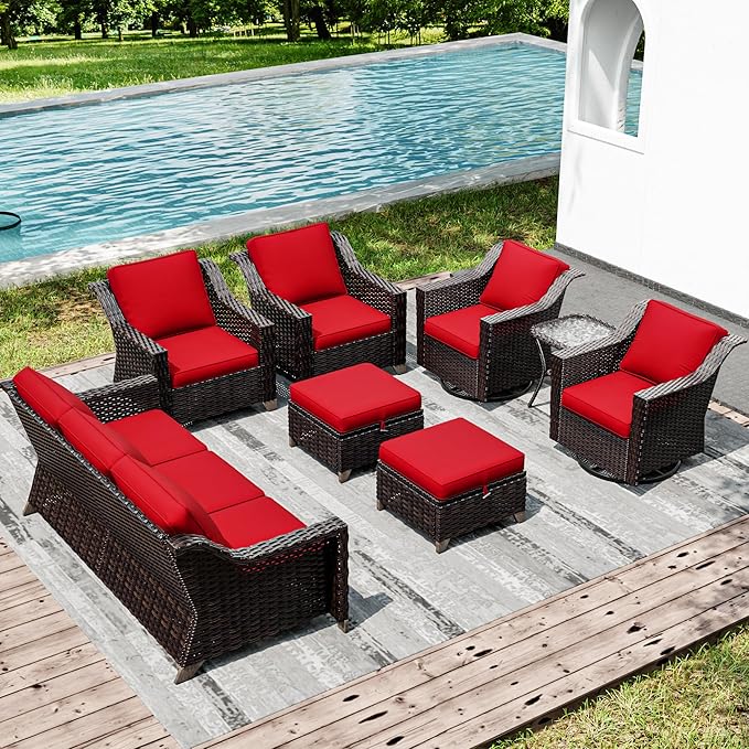 Joyside Wicker Patio Furniture Sets, 8 Pieces Upgraded Large Size Outdoor Furniture with Swivel Rocking Patio Chairs, Patio Dining Chair, 3-Seat Sofa, Outdoor Ottoman, Thick Cushions, Wide Armrest-VerdiqueGarden