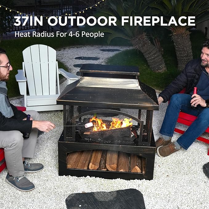 Red Mountain Valley 37in Outdoor Wood Burning Fireplace, Large Outdoor Fire Pit with Log Grate and Poker, Chimney Outside Fireplace with Firewood Racks Storage for Patio, Garden and Backyard-VerdiqueGarden