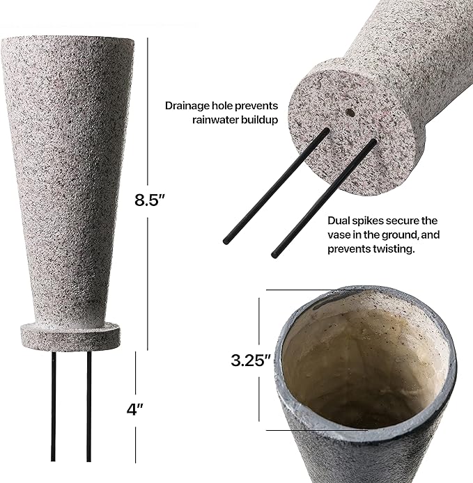 Cemetery Vase with Stakes - Plastic Flower Vases with 2 Ground Spikes, Draining Holes - for Garden, Lawn, Yard - Memorial Grave Decorations 12.7x3.4x3.9, Grey Granite Design-VerdiqueGarden