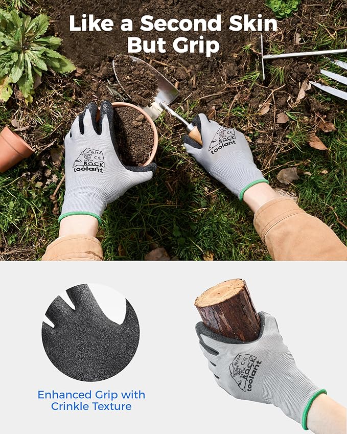 toolant Crinkle Latex Work Gloves Bulk, Rubber Coated Safety Work Gloves for Men and Women, 12 Pairs for Construction, Gardening, Warehouse (Gray, Large)-VerdiqueGarden