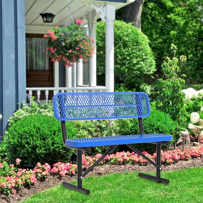Heavy Duty Park Bench with Back Portable Frame, Outdoor Steel Bench with Backrest, Outdoor Park Bench Expanded Metal Mesh Bench for Lawn, Park, Deck, Garden, Patio, Porch, Black (Blue, 4FT)-VerdiqueGarden