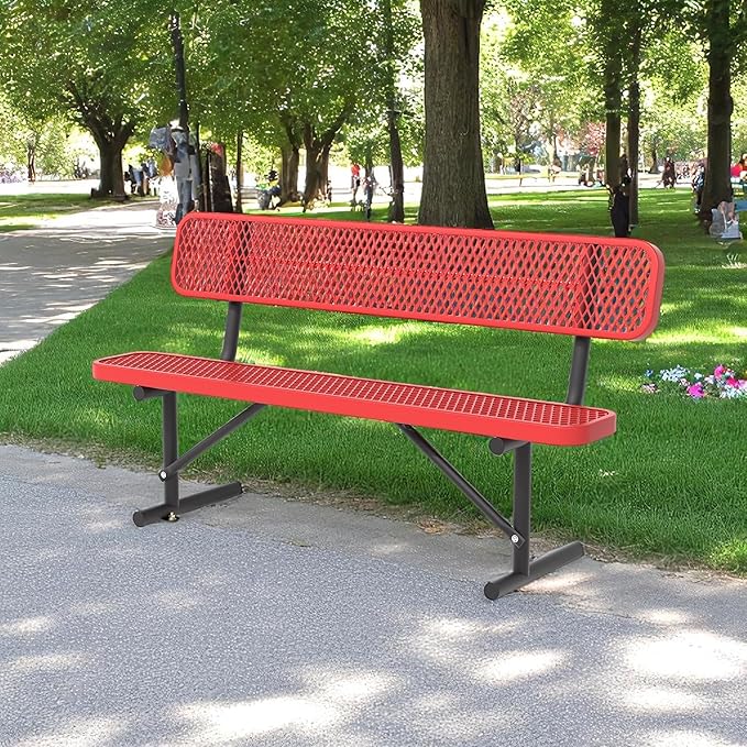 Heavy Duty Park Bench with Back Portable Frame, Outdoor Steel Bench with Backrest, Red Metal Bench Seat Expanded Metal Mesh Bench for Lawn, Park, Deck, Garden, Patio, Porch, Black (Red, 6FT)-VerdiqueGarden