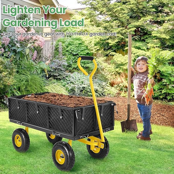 Homdox MAX 880 Lbs Garden Cart, Heavy Duty Foldable Mesh Steel Garden Wagon with 180° Rotating Handle and 10 Inch Tires, Pullable Yard Cart for Yard Garden Beach Farm, Yellow with Bag-VerdiqueGarden