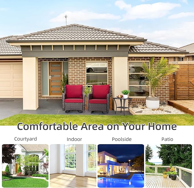 Towallmark Outdoor Swivel Wicker Glider Patio Chairs with Table Set, 3 Pieces Outdoor Bistro Set with 4”Thick Cushions and Coffee Table for Porch, Balcony, Deck (Red)-VerdiqueGarden