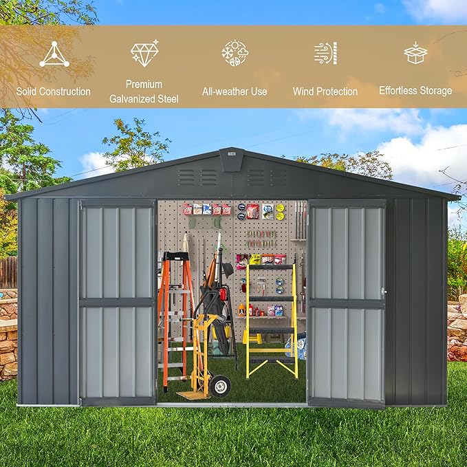 Domi Outdoor Storage Shed 11’ x 9’, Metal Sheds with Galvanized Steel Frame & Windows & Lockable Door, Garden Shed Tool Storage Room for Patio, Grey-VerdiqueGarden