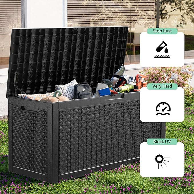 100 Gallon Resin Deck Box, Lockable Outdoor Storage Box for Patio Cushions Storage Furniture,Garden Tools, Pool Supplies, Weatherproof and UV Resistant（Black L）-VerdiqueGarden