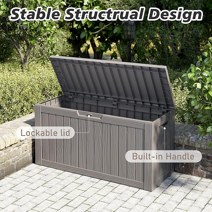 KAMABOKO Deck Box, 75 Gallon Resin Indoor and Outdoor Storage Boxes Waterproof for Garden Tools, Pool Accessories Storage Bench, Patio Furniture and Cushions with Lockable Lid, Grey-VerdiqueGarden