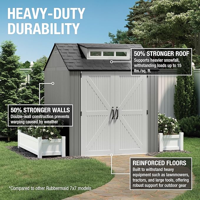 Rubbermaid Resin Outdoor Storage Shed With Floor (7 x 7 Ft) Weather Resistant Gray Organization for Home/Backyard/Garden Tools/Lawn Mower/Bike Storage/Pool Supplies-VerdiqueGarden