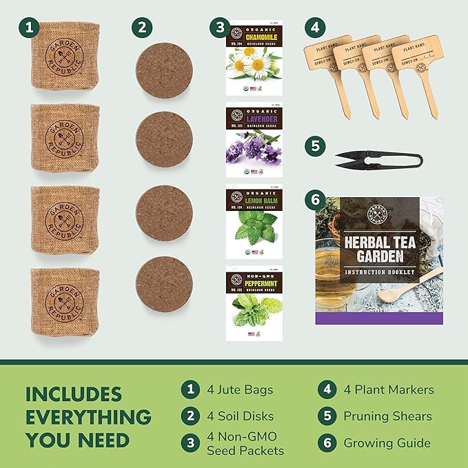 Indoor Herb Garden Seed Starter Kit - Herbal Tea Growing Kits, Grow Medicinal Herbs Indoors, Seeds for Planting, Soil, Plant Markers, Pots, Infuser, Planter Box, Gardening Gifts for Women-VerdiqueGarden