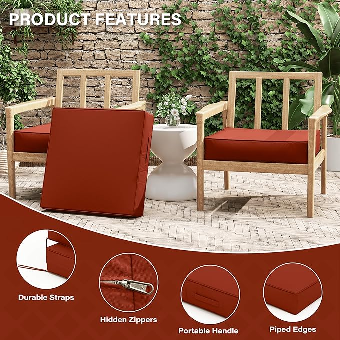Patio Chair Cushions 24 X 24 X 5 Inch Waterproof Outdoor Seat Cushions for Patio Furniture, Outdoor Sofa Couch Pads with Ties & Handle, Set of 2, Terra Red-VerdiqueGarden