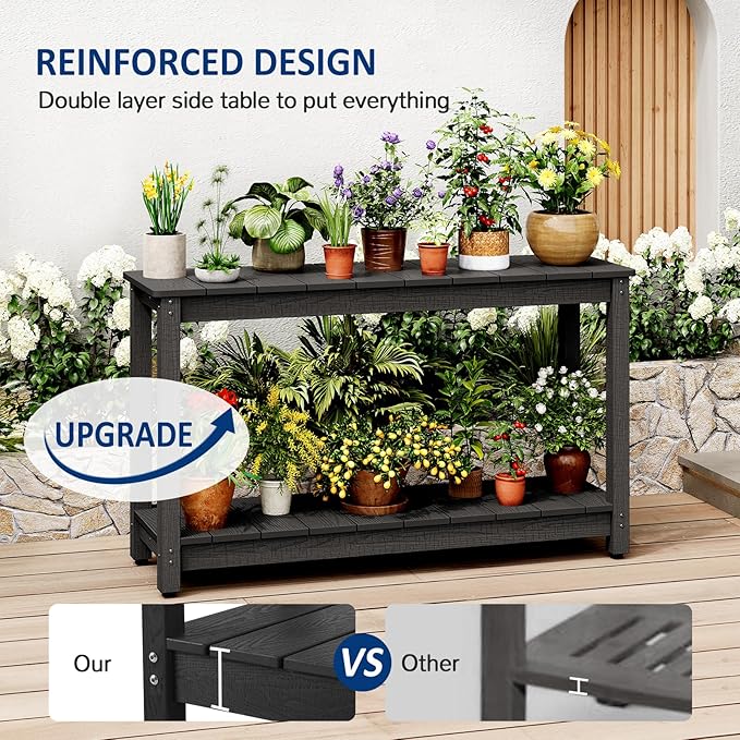 Outdoor Console Table, 48" Weather Resistant HIPS Patio Side Table, 440LBS Weight Capacity, 2-Tier Multifunctional Buffet Bar Storage Organizer for Garden Deck, Black-VerdiqueGarden