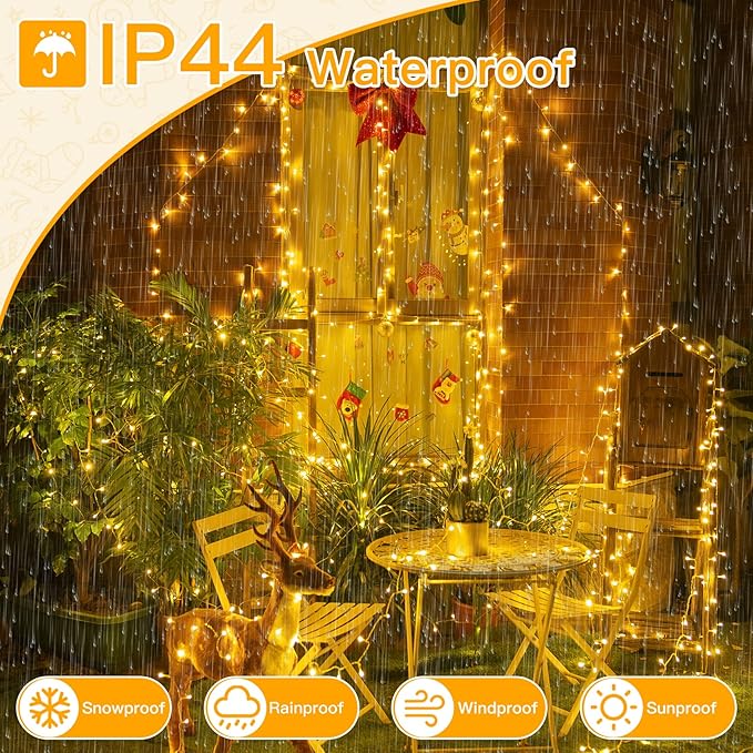 Ollny String Lights Indoor 200LED 60FT, Warm White Connectable Plug in LED Outdoor Light, 8 Modes Waterproof Timer Christmas Lights for Outside Bedroom House Party Wedding Camping-VerdiqueGarden