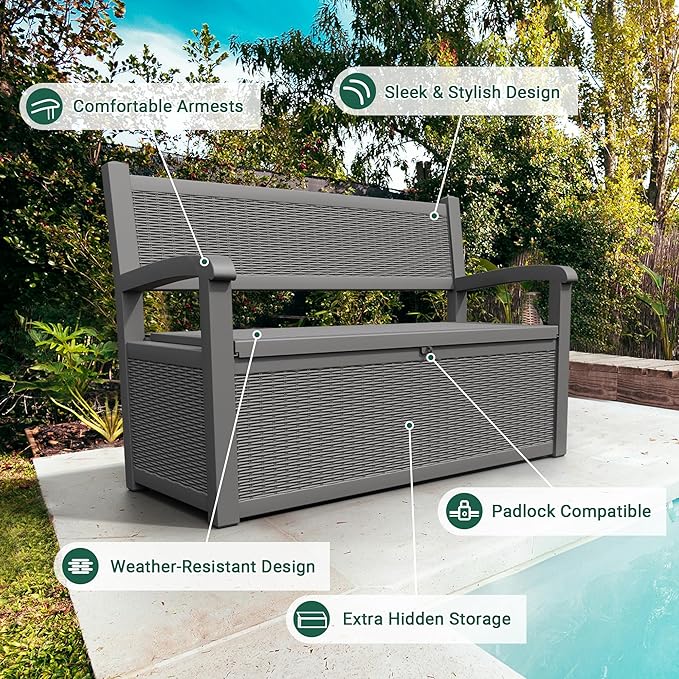 80 Gallon Outdoor Storage Box, Resin Patio Furniture with Armrest, Lockable Deck Box with Waterproof and UV Resistant for Patio Cushions, Garden Tools and Pool Supplies, Grey-VerdiqueGarden
