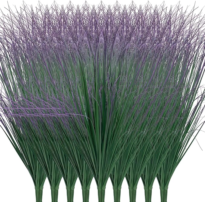 36Pcs Artificial Grass Plants, Faux Shrubs Wheat Grass, Artificial Tall Grass Fake Plants for Outdoor Decor,Artificial Greenery Stems Weed for Room Indoor Home Decor（Green Purple Tail）-VerdiqueGarden