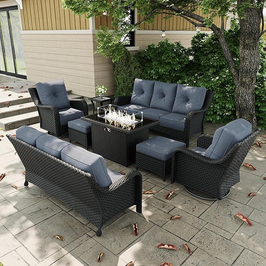 8 Pieces Outdoor Patio Furniture Sets with Rocking Swivel Chairs with 6-inch Thick Cushion and Fire Pit Table for Deck Lawn-VerdiqueGarden