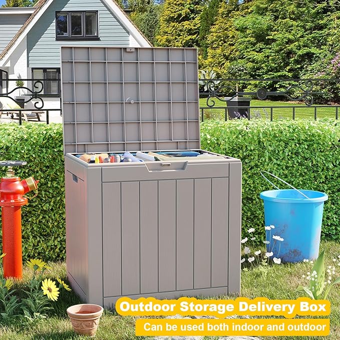 30 Gallon Resin Deck Box, Lockable Outdoor Storage Box for Patio Cushions Storage Furniture,Garden Tools, Pool Supplies, Weatherproof and UV Resistant- Grey-VerdiqueGarden