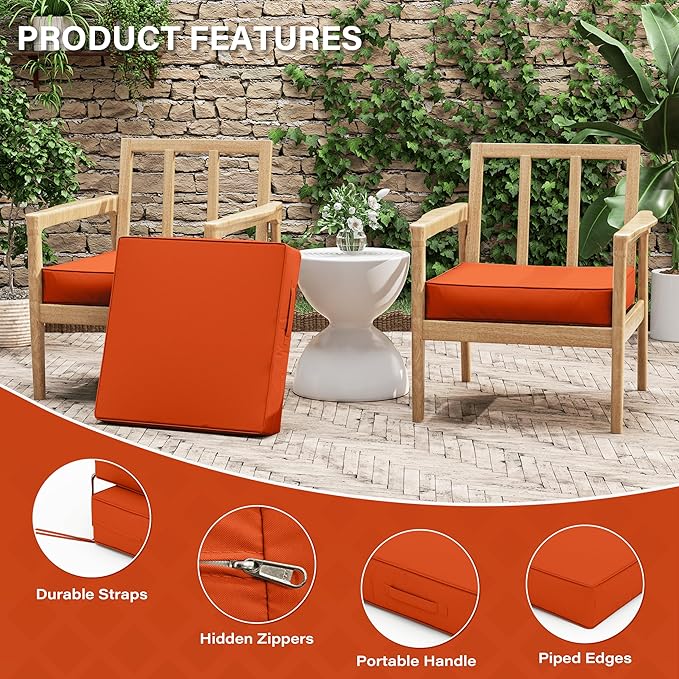 Patio Chair Cushions 22 X 22 X 4 Inch Waterproof Outdoor Seat Cushions for Patio Furniture, Outdoor Sofa Couch Pads with Ties & Handle, Set of 2, Orange-VerdiqueGarden