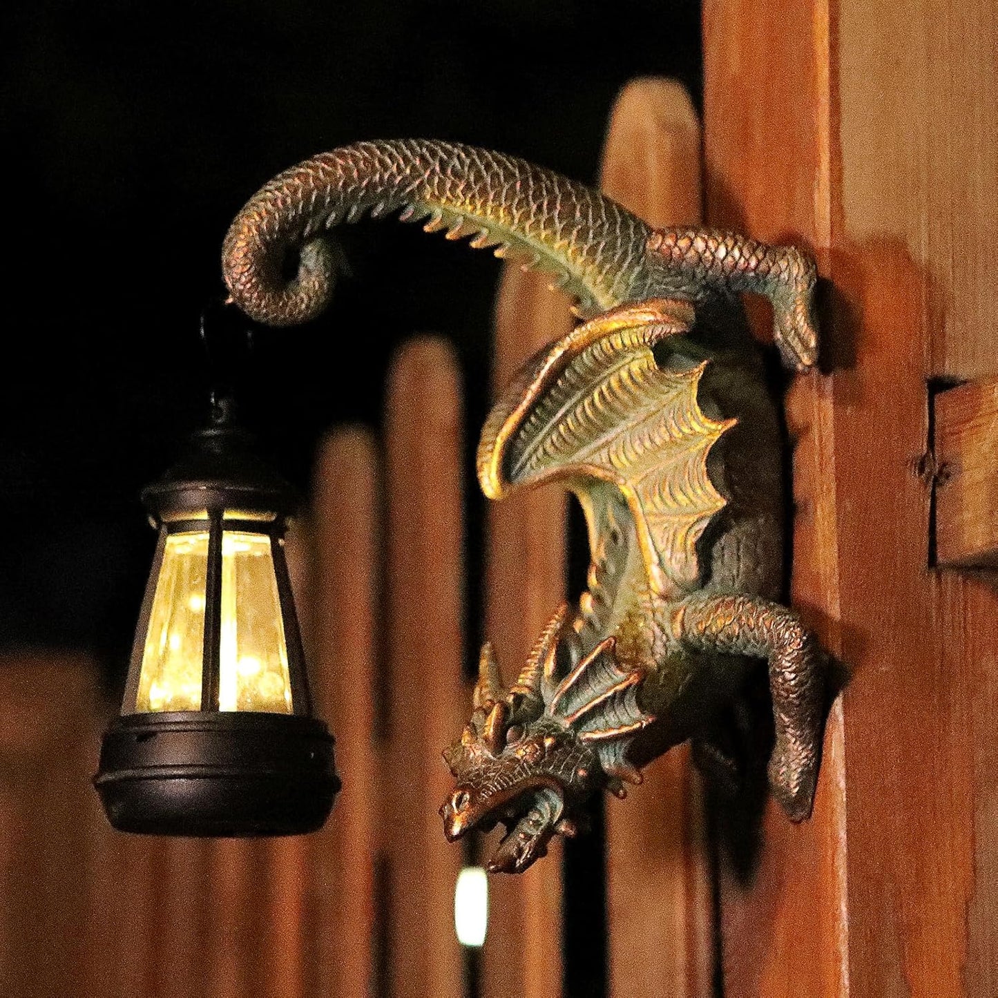 Solar Dragon Tree Hugger Statue Wall Decor - Gothic Garden Statue with Solar Lantern, Outdoor&Yard Decor, Fantasy Dragon Figurine for Trees, Walls, or Fences - Unique for Men & Women-VerdiqueGarden