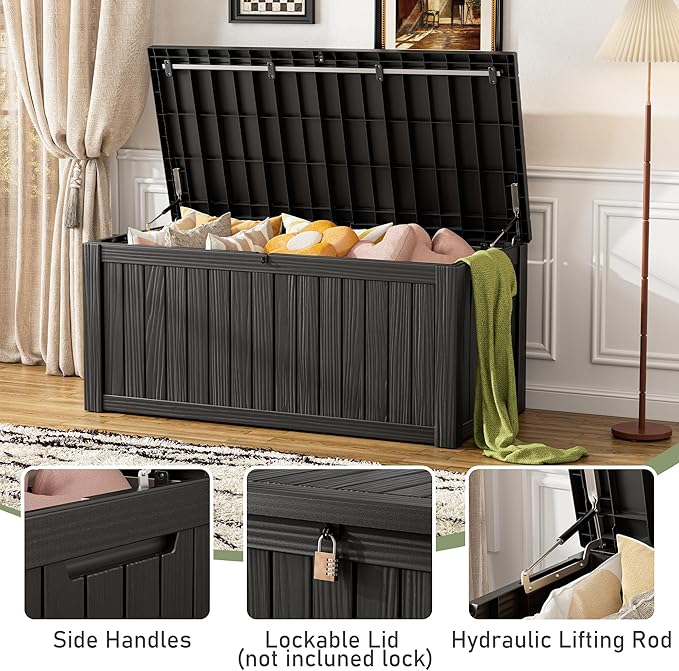 KAMABOKO Outdoor Storage Box, 120 Gallon Large Outdoor Resin Deck Box, Storage Waterproof Boxes Lockable Lid for Garden Tools, Pool Supplies, Patio Furniture and Cushions, Black-VerdiqueGarden