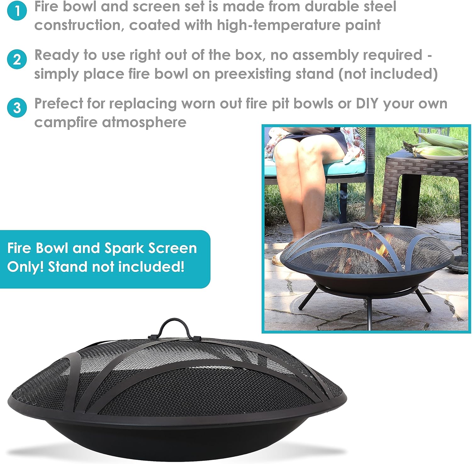 Sunnydaze 23-Inch Replacement Steel Fire Pit Bowl with Round Spark Screen - High-Temperature Painted Finish-VerdiqueGarden