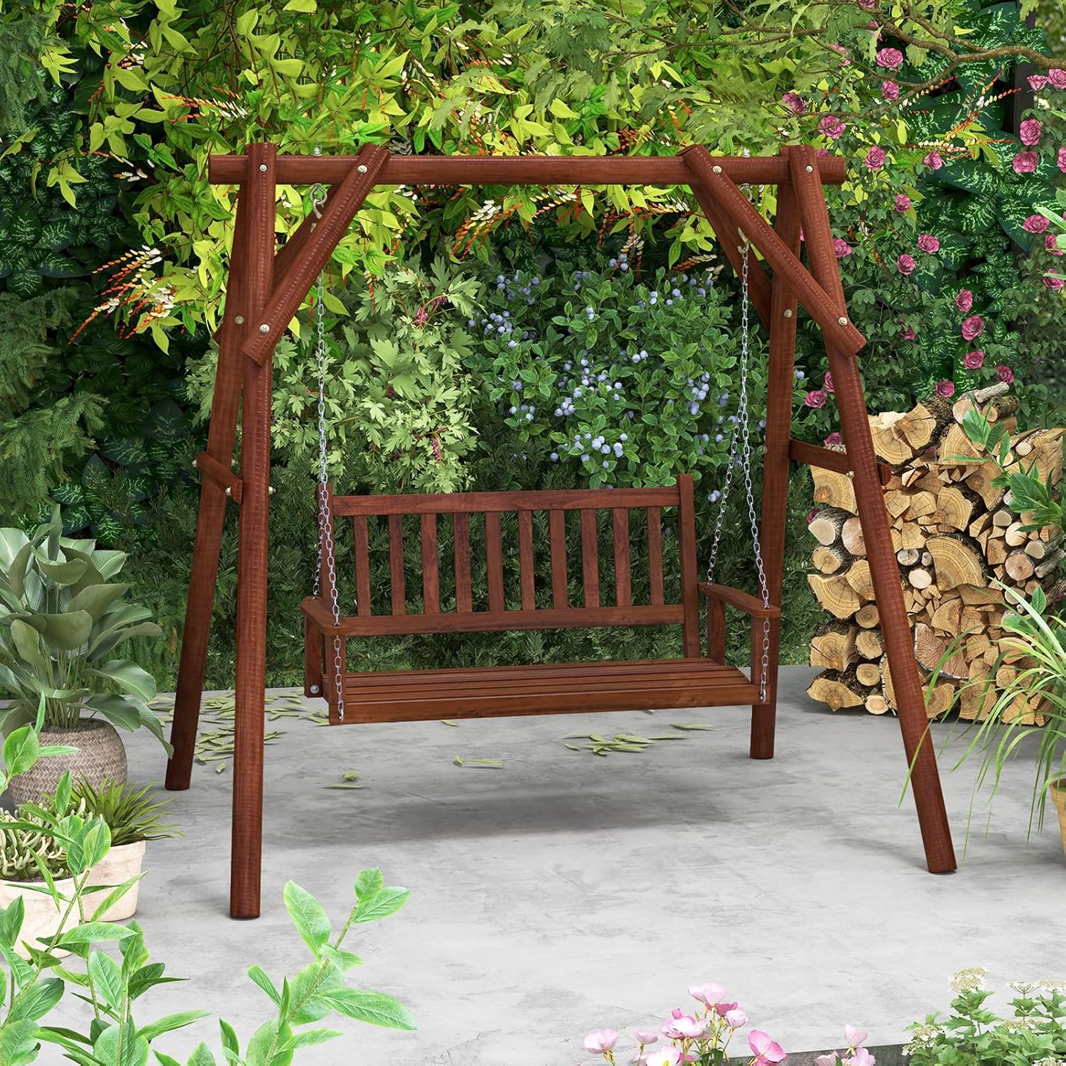 HAPPYGRILL 3-Person Wooden Outdoor Porch Swing, Heavy Duty Patio Hanging Bench Chair with 800 LBS Weight Capacity, 5.6 FT Adjustable Upper Chains, Slatted Back, Swing Bench for Garden, Backyard-VerdiqueGarden