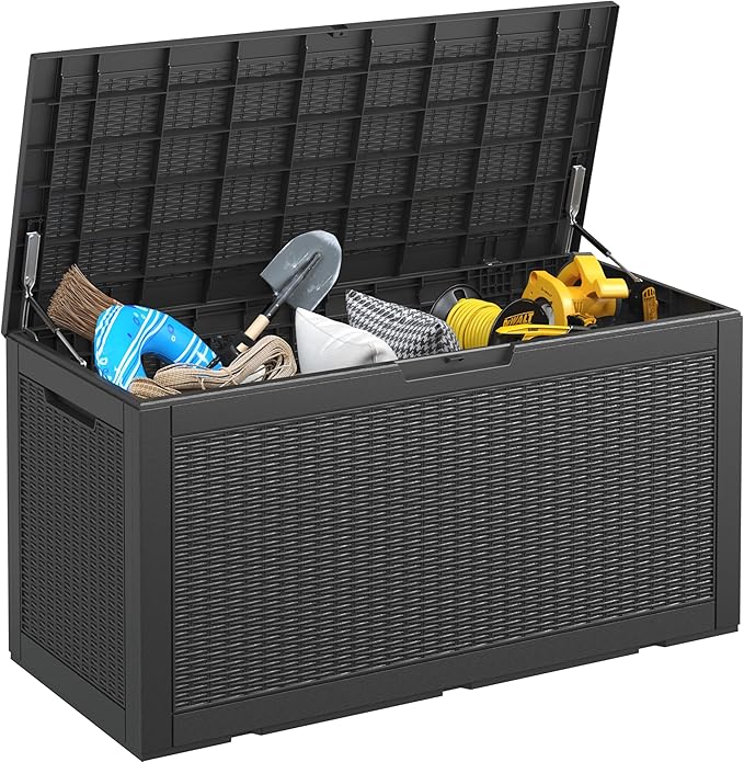 NUNU LAB 102 Gallon Large Waterproof Resin Deck Box, Lockable Outdoor Storage Box with Gas Lift, Patio Cushions, Garden Tools, Pool Supplies, Indoor Outdoor Storage Container, Black-VerdiqueGarden