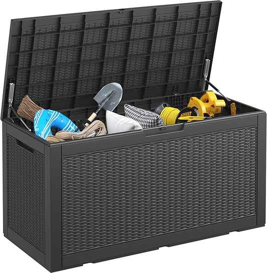 NUNU LAB 102 Gallon Large Waterproof Resin Deck Box, Lockable Outdoor Storage Box with Gas Lift, Patio Cushions, Garden Tools, Pool Supplies, Indoor Outdoor Storage Container, Black-VerdiqueGarden