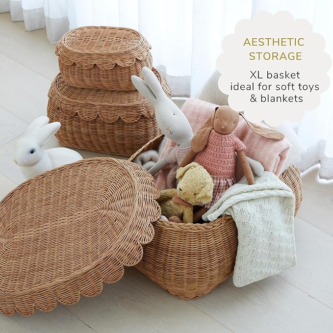 BEBE BASK Large Scalloped Basket Set Of 3 - Hand-Woven & Award-Winning Scallop Basket - XL - Extra Large for Blankets 22 x 16 x 10 In - Elegant Wicker With Scalloped Edge Lid (Mocca)-VerdiqueGarden