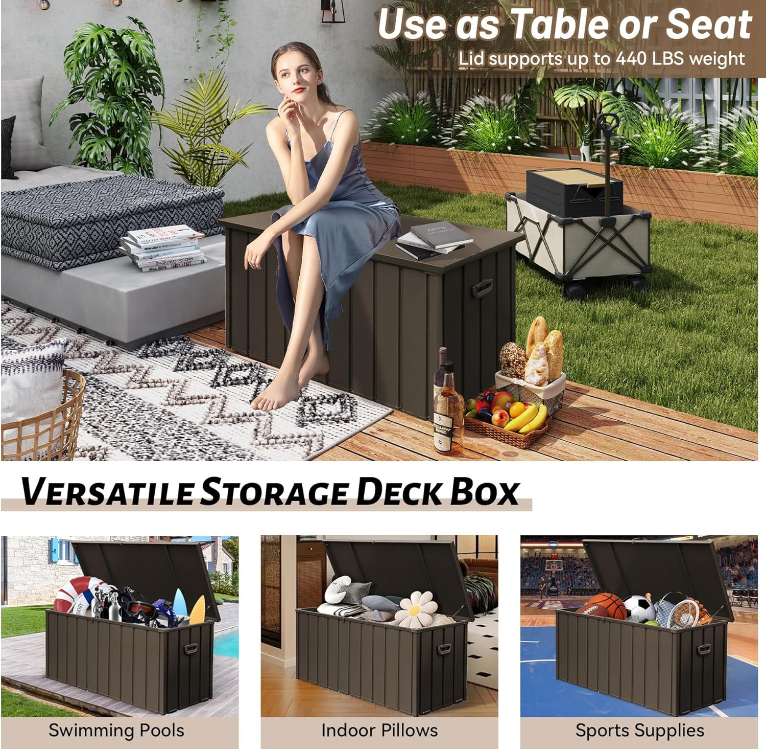 200 Gallon Deck Box, Outdoor Metal Storage Box Waterproof, Large Patio Furniture Storage Cabinet, Lockable Storage Chest for Porch, Pillows, Cushions, Pool, Tools, Backyard -Brown-VerdiqueGarden