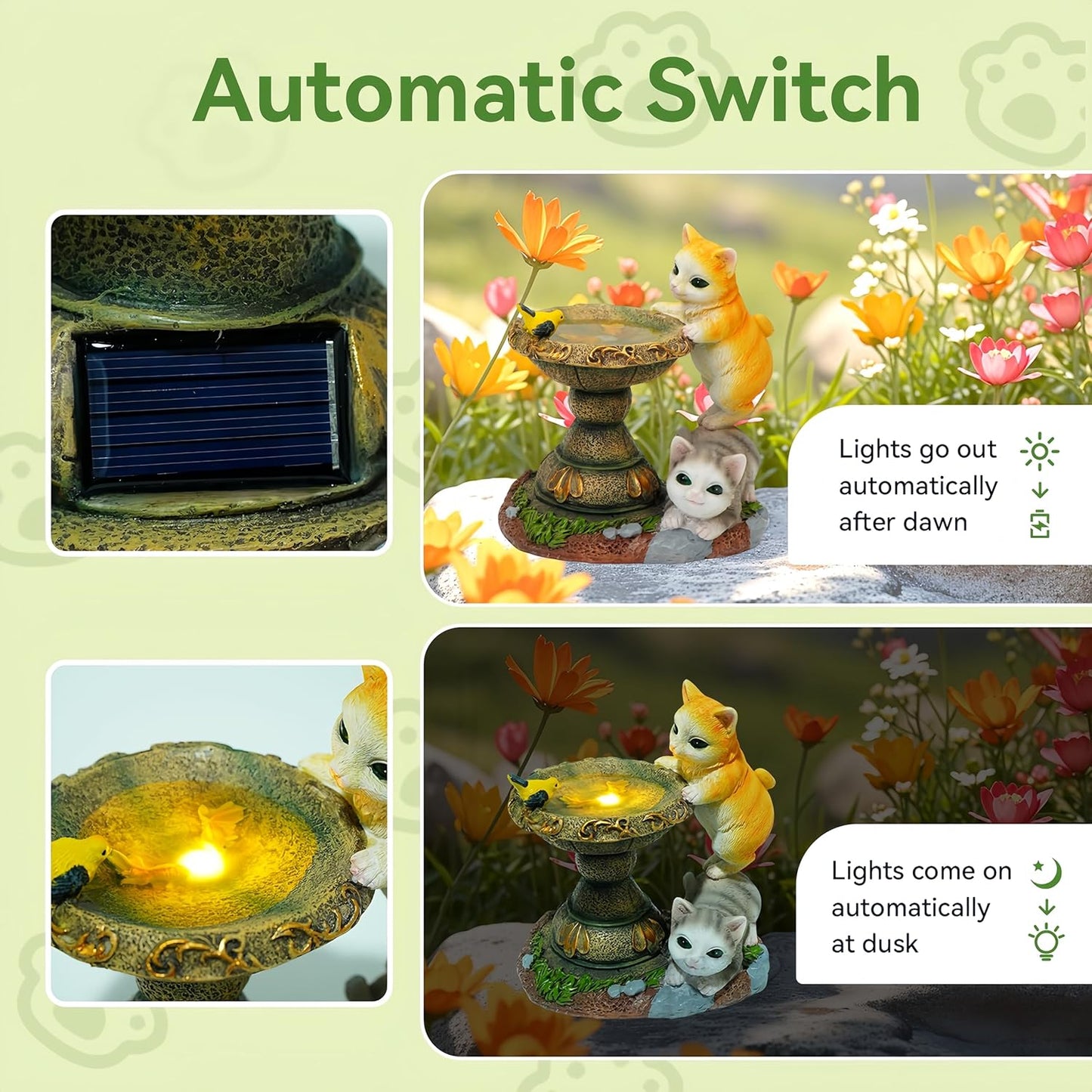 Solar Two Kittens Garden Statues with LED Lights, Outdoor Decor for Patio Yard Balcony - Unique Housewarming Birthday Gifts for Women Mom Grandma-VerdiqueGarden