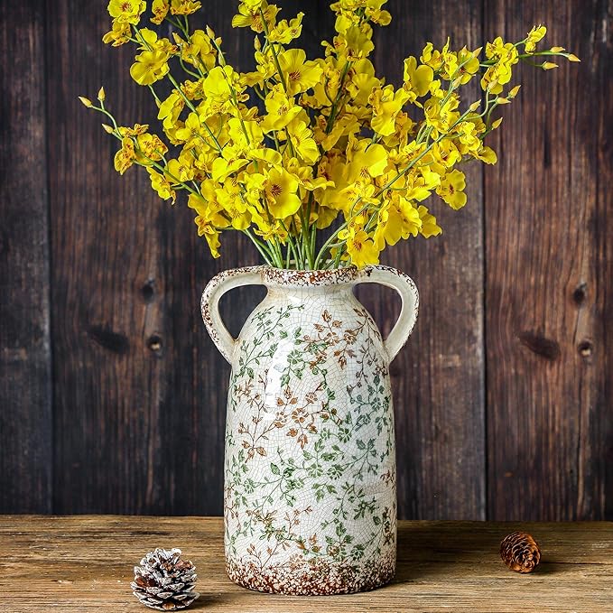 Enra Large Vintage Green and Beige Ceramic Chinoiserie Floral Vase, 11.2 Inch Rustic Decorative Flower Vase for Home, Living Room, Kitchen, or Office – Pastoral Retro Design-VerdiqueGarden