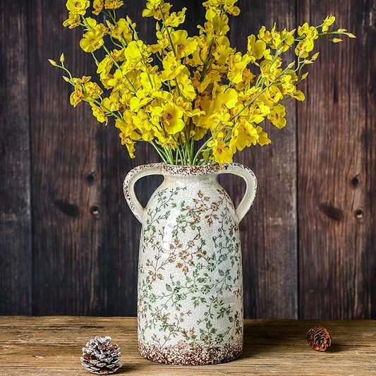 Enra Large Vintage Green and Beige Ceramic Chinoiserie Floral Vase, 11.2 Inch Rustic Decorative Flower Vase for Home, Living Room, Kitchen, or Office – Pastoral Retro Design-VerdiqueGarden