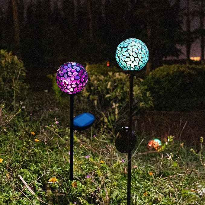 VCUTEKA Solar Garden Decorative Lights Outdoor, Mosaic Solar Light Waterproof LED Pathway Stake Light for Landscape Patio Yard Deck Walkway Decoration, 2 Pack （Blue&Purple）-VerdiqueGarden