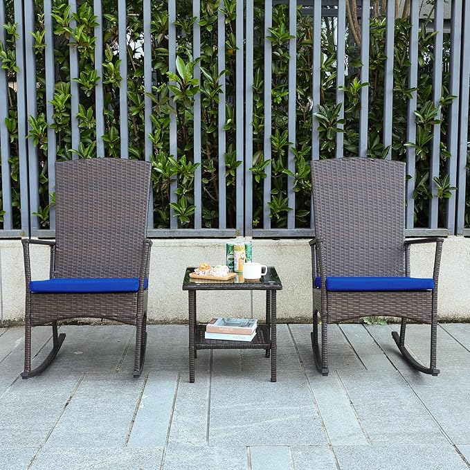 Outdoor Rocking Chairs Set - 3 High-Backed Patio Rockers with Bistro Table & Anti-Slip Cushions, Dark Blue-VerdiqueGarden
