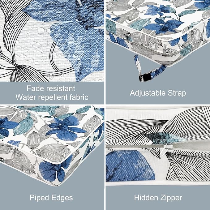 LVTXIII Patio Chair Cushions 22"x22"x3", Water-Repellent Outdoor Seat Cushions for Patio Furniture, Square Chair Pads with Ties for Home Garden Decoration, Set of 2, Clemens Noir Blue-VerdiqueGarden