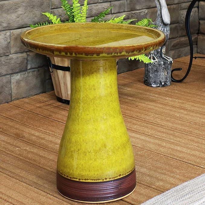 Sunnydaze 21" H Ceramic Bird Bath for Outside - Hand-Painted Outdoor Bird Bath Bowl, UV/Frost-Resistant Finish - Cognac Yellow - Ribbed Pedestal-VerdiqueGarden