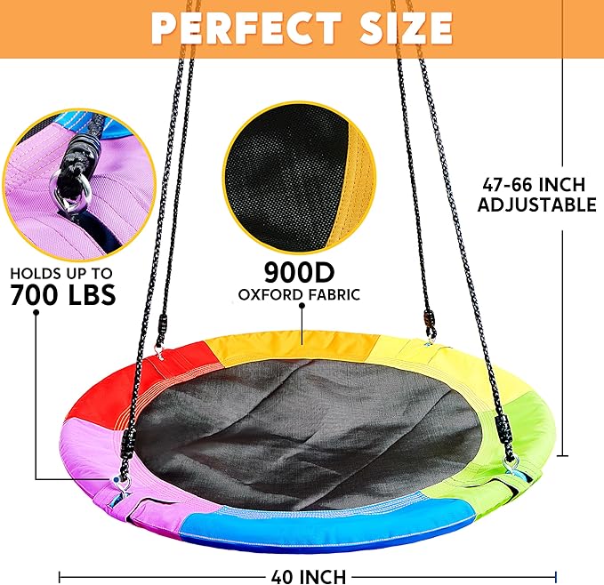 TURFEE 40" Saucer Tree Swing for Kids - 900Lb Weight Capacity, 900D Waterproof Oxford Fabric Platform Swing Seat with Adjustable Ropes for Kids Playground Outdoor Activity Backyard Fun (Rainbow)-VerdiqueGarden