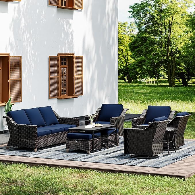 Joyside Wicker Patio Furniture Sets, 9 Pieces Upgraded Large Size Outdoor Furniture with Swivel Rocking Patio Chairs, Patio Dining Chair, 3-Seat Sofa, Outdoor Ottoman, Coffee Table, Thick Cushions-VerdiqueGarden
