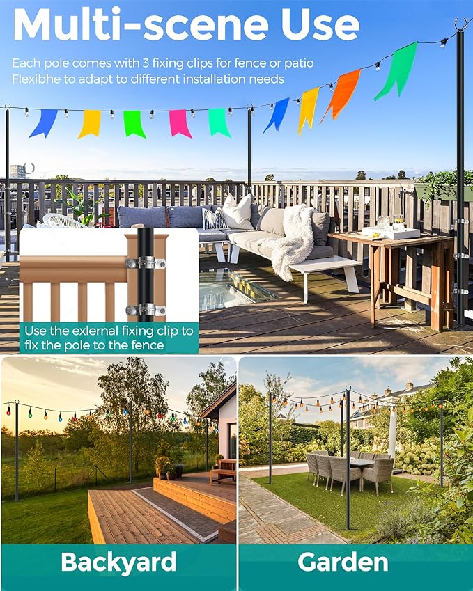 LAND·VOI 2 Pack String Light Poles, 9FT Heavy Duty Metal Light Poles for Outside String Lights, Outdoor Light Poles with 5 Prong Fork, Lighting Stand for Patio, Backyard, Garden, Deck, Black FLP12B-VerdiqueGarden