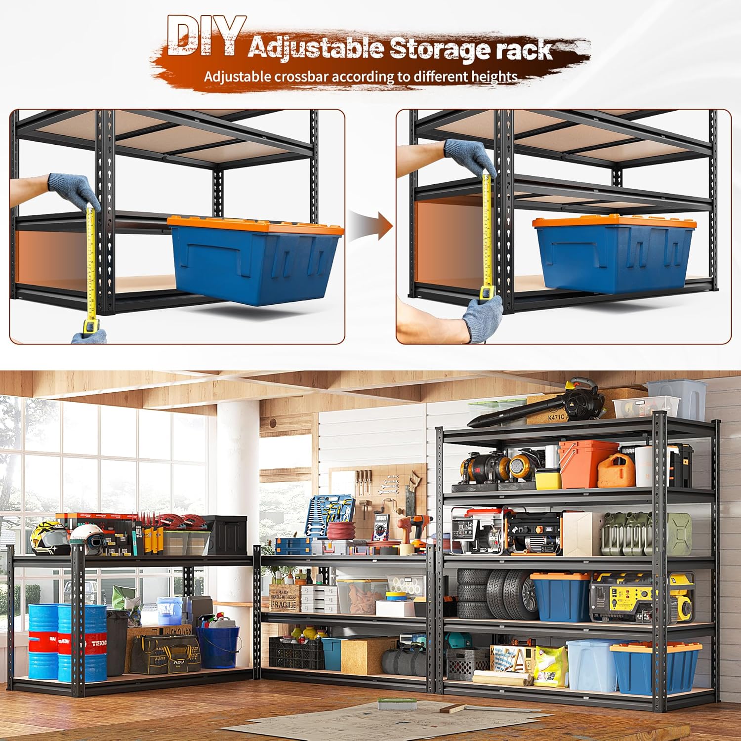 REIBII 48.2" W Garage Shelving, Storage Shelves Load 3000LBS, Adjustable Garage Shelving Heavy Duty for Pantry, Basement, Warehouse, 48.2" W X 71.9" H X 24" D, Black-VerdiqueGarden