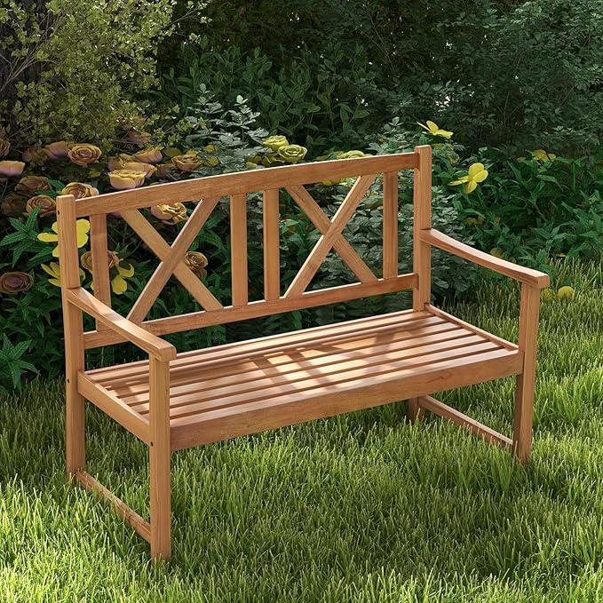 Giantex Patio Garden Bench Loveseat - 2-Person Acacia Wood Bench with Armrest, Backrest, Sturdy Frame, 800lbs Capacity, Outside Park Bench for Patio, Yard, Front Porch, Outdoor Garden Bench, Natural-VerdiqueGarden