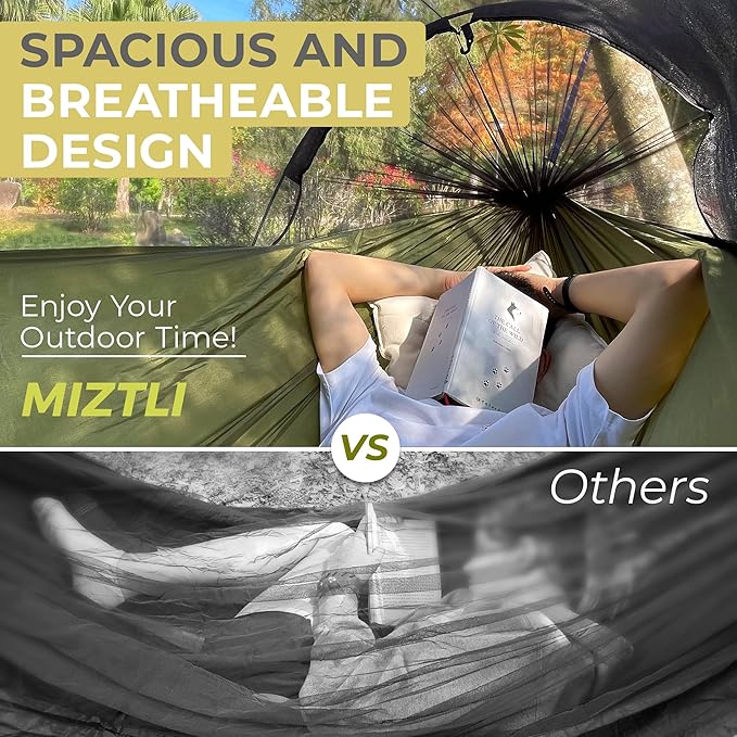 Miztli Camping Hammock -Portable Hammock w/Spacious Net & Tree Straps w/Adjustable Loops, Double and Single Hammock for Outdoor, Indoor, Hiking and Travel-VerdiqueGarden