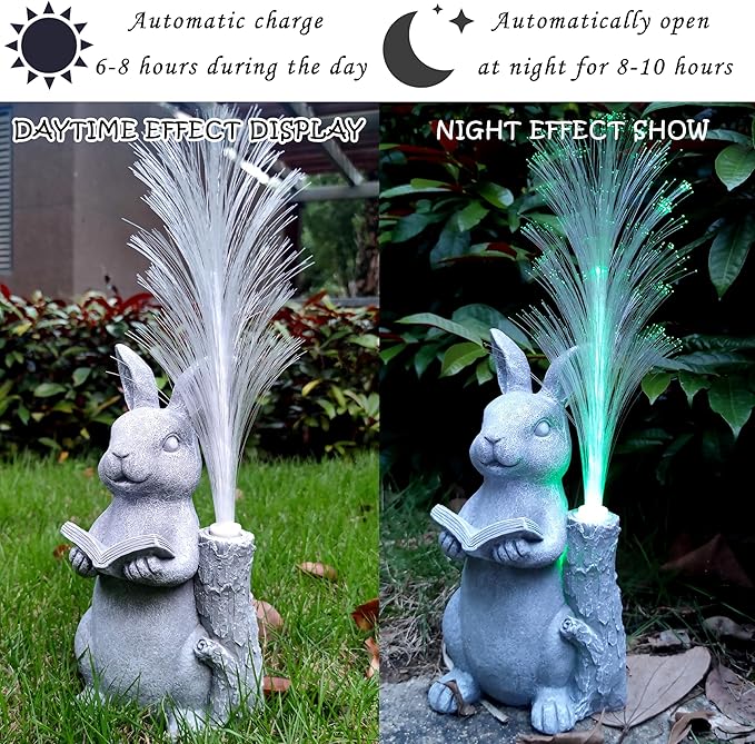 Rabbit Solar Garden Statues,Resin Rabbit Figurine Reading a Book and 7-Color Changing Optical Fiber with Solar Lights, Lawn Decor Outdoor Statue for Patio,Balcony,Yard,Lawn Ornament-VerdiqueGarden