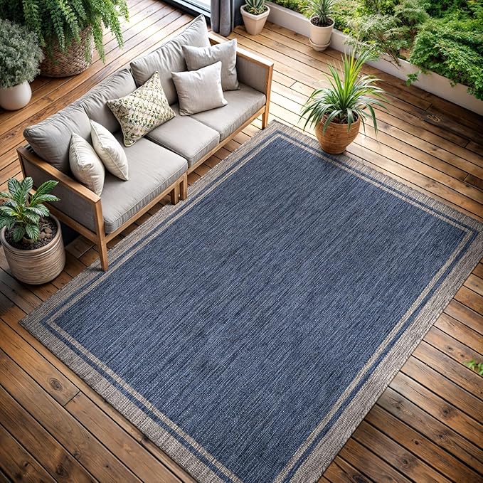 CAMILSON Outdoor Rug, 8x10 Bordered Navy Blue Gray Modern Area Rugs for Indoor and Outdoor Patios, Porches Waterproof Washable Porch Deck Outside Carpet (Bordered Navy, 8 x 10)-VerdiqueGarden