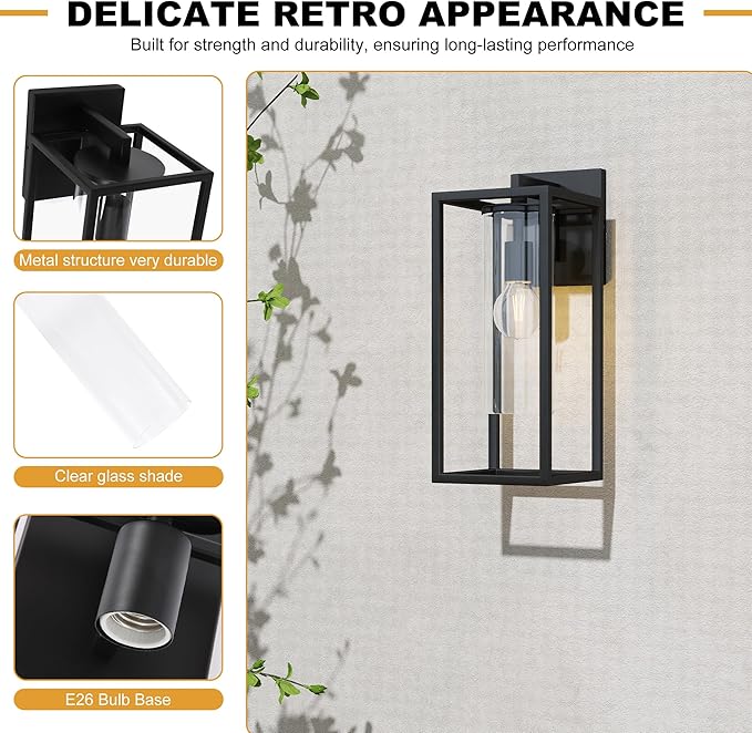 15.7 Inch Outdoor Wall Lights, Outdoor Wall Lantern with Circular Clear Glass Shade, Waterproof Exterior Lighting Fixtures, Modern Front Porch Lighting for House, Garage, E26 Base, ETL Listed, Black-VerdiqueGarden