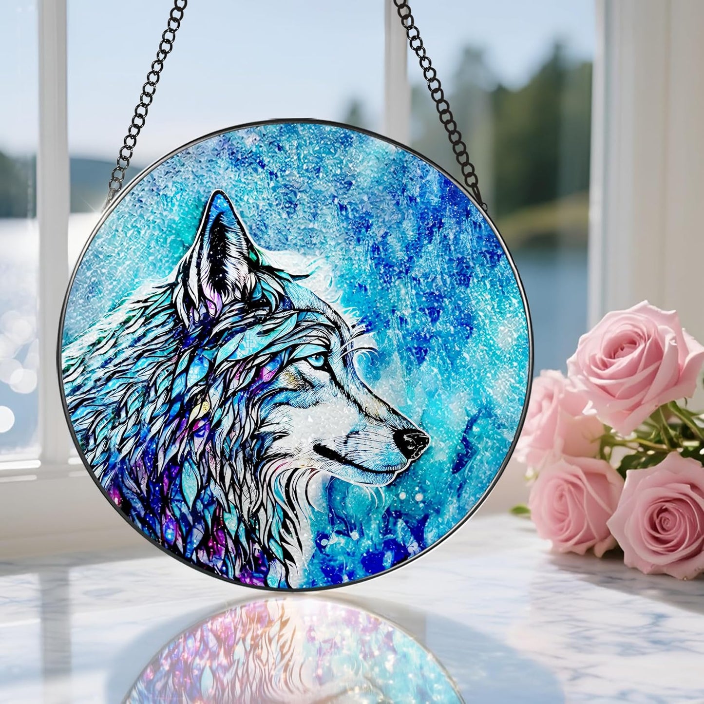 Stained Glass Window Hanging, Stained Glass Suncatcher, Wolf Sun Catcher, Window Hanging Decor, Wolf Lover Gift, Gifts for Fathers Day or Mathers Day, Christmas or Birthday Gift, Gifts for Women Men-VerdiqueGarden