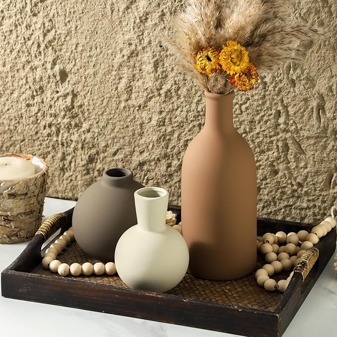 Vase Set of 3 | Ceramic Neutral Vases Home Decor | Rustic Flower Pottery Vases Modern Farmhouse Vase for Table Entryway Mantel Centerpiece Bookshelf Living Room Bathroom Bedroom -Brown Large-VerdiqueGarden